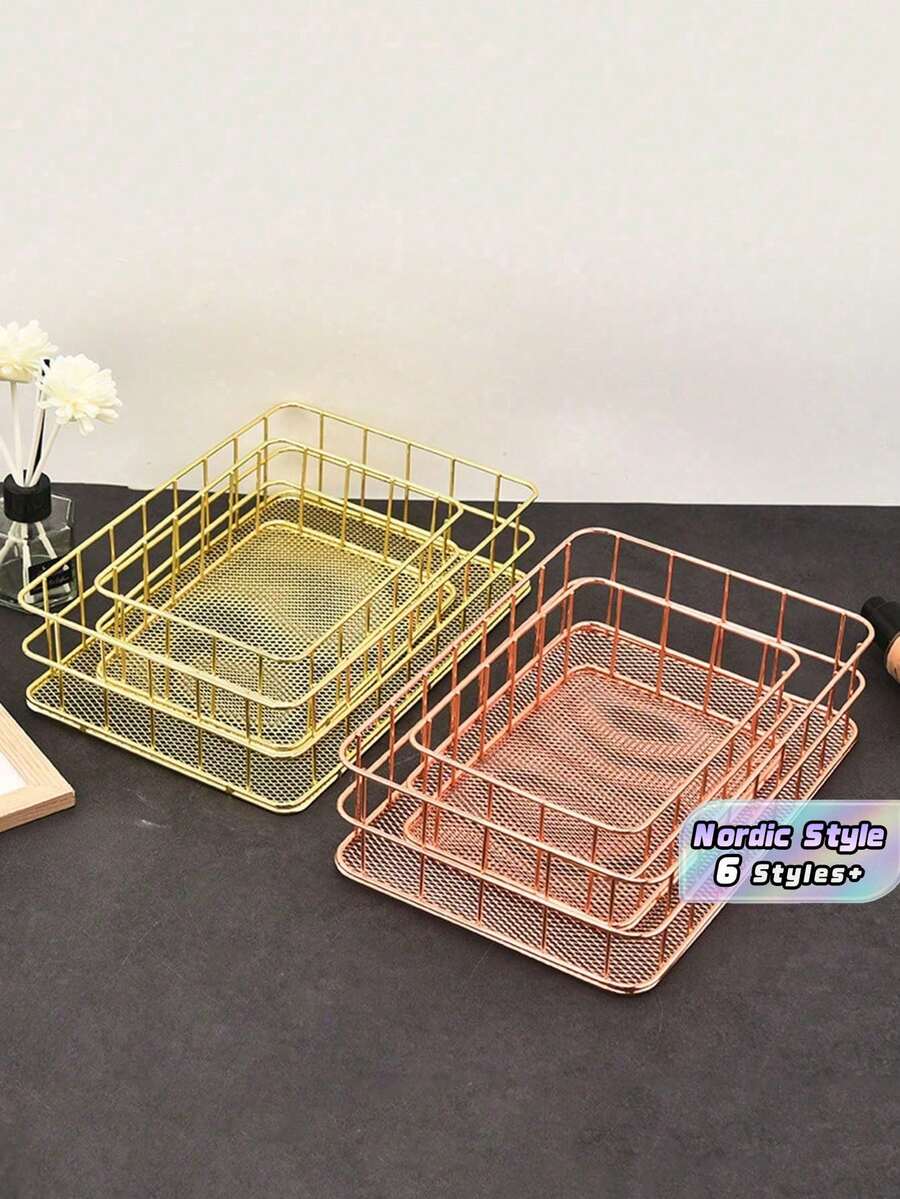 1PC Large Capacity Wrought Iron Metal Mesh Design Easy Viewing Modern Nordic Style Storage Basket Organizer For Office Supplies Cosmetics Vanity Desktop Shelving Home Decor Sturdy Space Saving Black White Gold - Gold - View 1