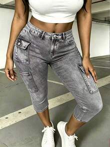 INAWLY Plus Size Women Fashion Versatile Denim Effect Print Skinny Capri Pants - Black - View 3