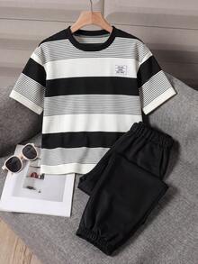 SHEIN Vacaura 男童休闲简约蓝灰白拼接T恤裤套装（2件套），适合春夏日常穿着及外出活动。 - 彩色 - 查看 4