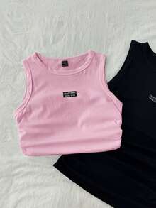 Tseoso 2pcs/Set Women Casual Minimalist Logo Embroidered Tight Fit Camisole, Suitable For Summer,Summer Top - Multicolor - View 4