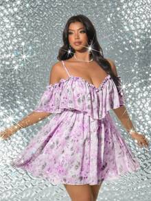 Viva Relle Plus Size Sexy Off-Shoulder Resort Dress - Purple - View 4