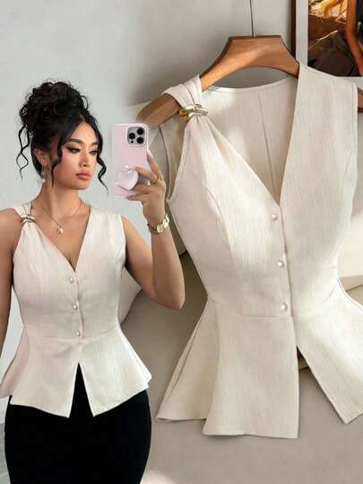 Elenzga Áo kiểu mùa hè thời trang, giản dị, phong cách Pháp cổ điển, thanh lịch, cổ chữ V bất đối xứng, trang trí kim loại, chất liệu vải có họa tiết, thích hợp cho kỳ nghỉ hoặc đi làm.