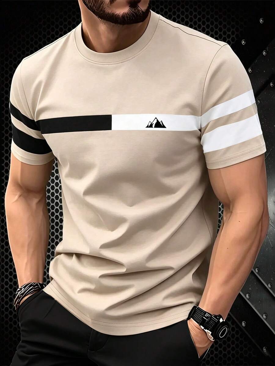 Manfinity Homme 男款卡其色對比條紋休閒短袖T恤，山峰印花修身休閒上衣，度假風 - 彩色 - 查看 1
