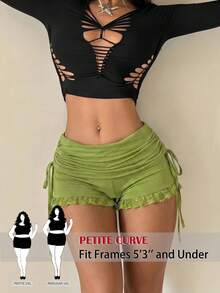 SHEIN PETITE CURVE 大码女式蕾丝边荷叶边休闲百搭日常短裤 - 橄欖綠 - 查看 2