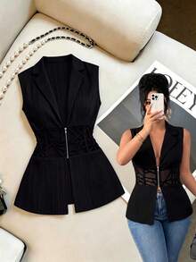 Elenzga Plus Size Women's Fashion Sheer Cinched Waist Thin Zip-Up Blazer - Black - View 3