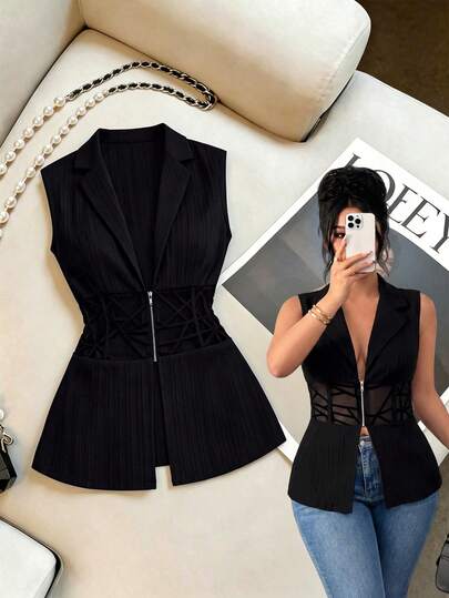Elenzga Áo blazer mỏng, ôm eo, có khóa kéo dành cho nữ cỡ lớn.
