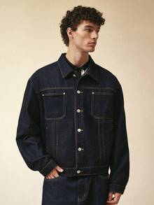 Sonviro Bộ đồ denim nam màu xanh đậm 2 món, áo khoác thường ngày và quần ống rộng, bộ đồ denim nam mùa xuân/thu, quần jeans rộng thùng thình. - Rửa tối - Xem 3
