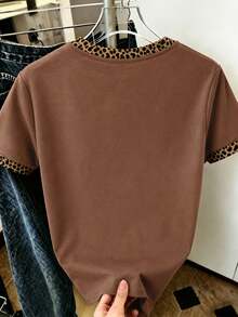Resyla Leopard Print Patchwork Short Sleeve T-Shirt For Women, New Summer American Retro Color-Block Top, Slim Fit, Flattering, Versatile Round Neck Base Shirt, Niche Design Hot Girl Tee - Camel - View 2