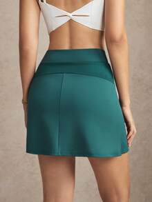 Activina Women's Minimalist Solid Color Split Pocket Sports Skort, Summer - Dark Green - View 2