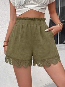 SHEIN Holidaya 女士夏季100%纯棉军绿色荷叶边弹力腰带口袋短裤，适合日常通勤、度假等多种场合。 - 軍綠色 - 查看 3