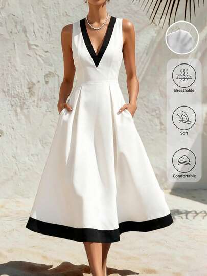 Balvessa Women's Black & White Contrast V-Neck Sleeveless Waist Cinched Midi Dress