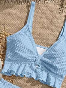 Swim Vcay Women's Solid Color Textured Fabric Sweet Ruffle Drawstring High Waist Cropped Camisole Bikini Top For Beach Vacation - Baby Blue - View 5
