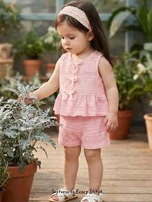 Cozy Pixies Conjunto de 2 peças com Cardigan de Malha de Gola Redonda Sem Mangas e Shorts de Cintura Elástica em Cor Sólida para Bebê Menina - Rosa Bebê - Visão 3
