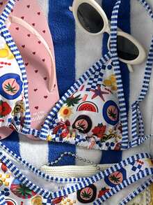 Swim Mod Bộ đồ bơi 2 mảnh dành cho nữ, họa tiết biển và kẻ caro phối hợp, áo và quần bikini dây mảnh, thích hợp cho kỳ nghỉ hè ở bãi biển. - Màu xanh lam - Xem 3