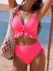 Swim Vcay Women's Solid Color Textured Fabric Sweet Ruffle Drawstring High Waist Cropped Camisole Bikini Top For Beach Vacation - Hot Pink - View 1