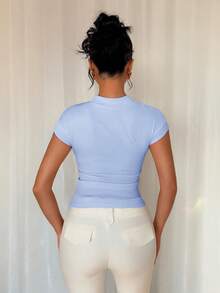Rafferiza Versatile French Pleated Bowknot Short Sleeve T-Shirt - Blue - View 2