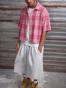 AXEPEAK Men's Cross-Patterned Plaid Short-Sleeved Casual Shirt - Pink - View 4