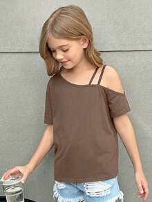 Firerie Kids Firerie Kids Nova Glow 少女休闲度假纯色针织单肩短袖上衣 - 棕色 - 查看 4