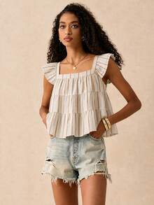 SHEIN Frenchy Women's Striped Square Collar Cap Sleeve Ruffle Hem Blouse,Summer Top - Multicolor - View 6