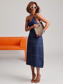 NYA SZN Denim Dress Knee Length Short Cowl Neck Sleeveless Halter Stretch Comfortable  Outfits For Women - Dark Wash - View 3