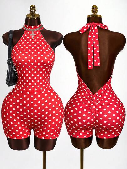Mistrie Bộ jumpsuit ôm dáng không tay cổ đứng chấm bi, thời trang mùa hè.