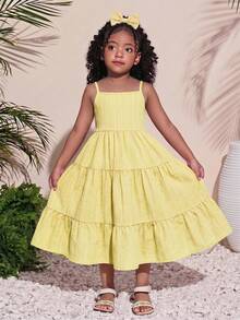 SHEIN Young Girl Woven Solid Color Casual Modest Jumpsuit Dress Holiday Holiday Vacation Yellow Summer - Mustard Yellow - View 3
