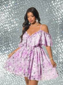 Viva Relle Plus Size Sexy Off-Shoulder Resort Dress - Purple - View 2