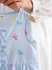 Souflis Souflis 2pcs/Set Pakaian Anak Perempuan Bergaris Biru & Putih, Atasan Tanpa Lengan dengan Hem Berkerut & Celana Panjang Lebar, Motif Pita Warna-warni, Cocok untuk Liburan Keluarga dan Piknik di Musim Panas - Biru - View 5