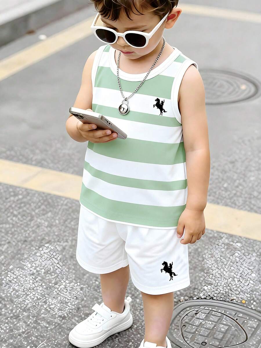 SHEIN Playful Pals 2pcs/Set Young Boy Casual Striped Logo Print Tank Top And Matching Logo Print Shorts, Suitable For Summer Outings - Multicolor - View 1