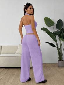 SHEIN EZwear 女士紫色纹理露脐吊带上衣和宽松阔腿裤套装 - 紫丁香色 - 查看 2