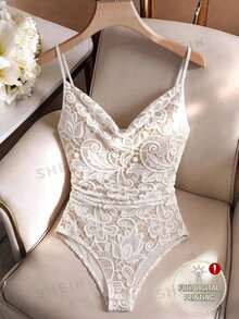 Franclia Plus Size Faux Lace Digital Print Solid Color Bodysuit - Apricot - View 1