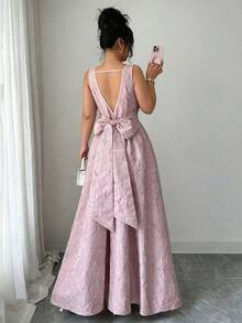 Elenzga 大码女士优雅性感露背连衣裙，粉色纹理面料，方领，收腰设计，后背蝴蝶结系带，A字型长裙，夏季 - 粉色 - 查看 2