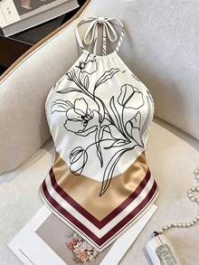 GlowEve 女款優雅浪漫性感緞面印花掛脖細肩帶背心，春夏高爾夫白色花卉約會之夜度假風 - 米色 - 查看 4