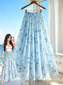 Franclia Chân váy chiffon in hoa cho nữ, chân váy xếp ly cạp cao ôm dáng, thiết kế eo chun, chân váy dài thanh lịch, trang phục mùa hè cho nữ, chân váy dự tiệc sang trọng, chân váy đi biển, chân váy dự tiệc cưới, chân váy duyên dáng cho nữ, chân váy đi nghỉ hè, váy thường ngày, váy chiffon đi nghỉ mát, chân váy công sở thường ngày, váy thời trang đa năng, chân váy phong cách thành thị - Màu xanh lam - Xem 1