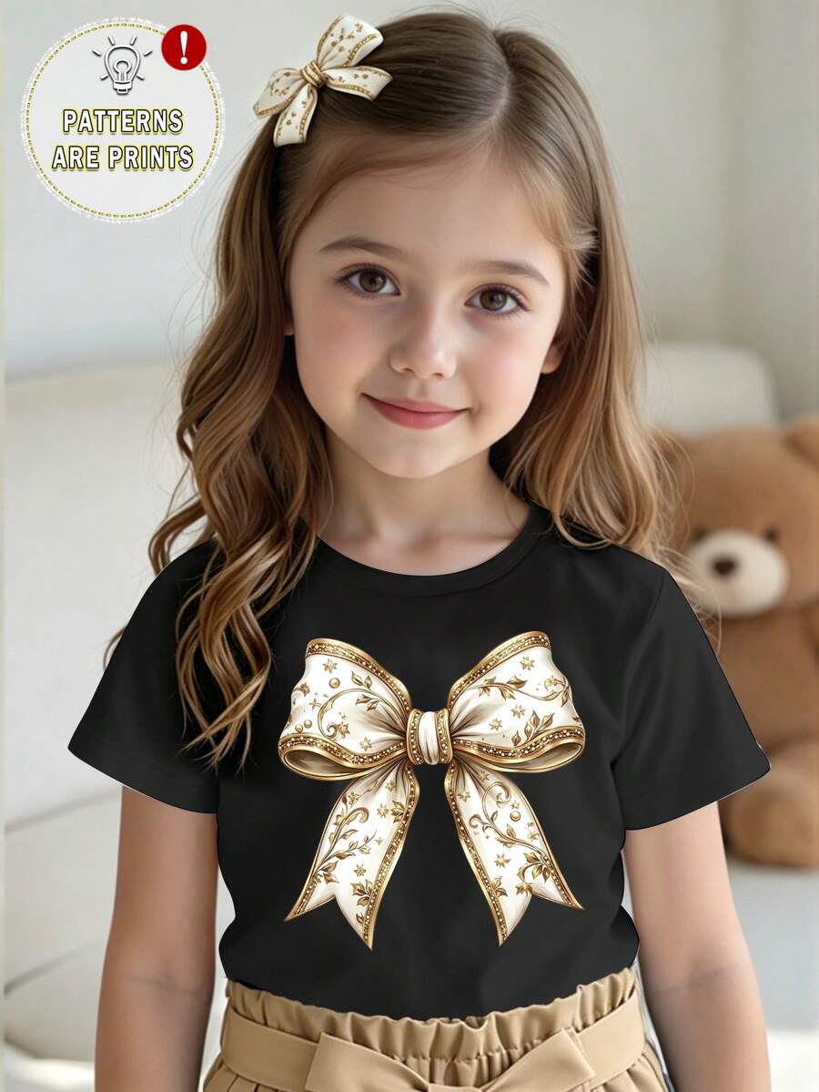 SHEIN 春夏女童休闲时尚创意个性清新简约复古花卉蝴蝶图案印花宽松基础款蓝色短款T恤,舒适日常穿着,适合春、夏、秋季穿着。 - 黑色 - 查看 1