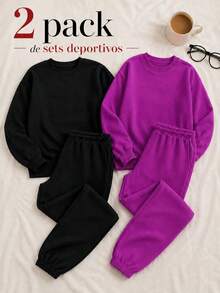 Conjunto 4 pz para mujer estilo casual urbano estampado de letras tela suave holgado capucha manga larga otoño invierno uso diario set dos piezas sudadera - Purpura y Negro - Ver 1