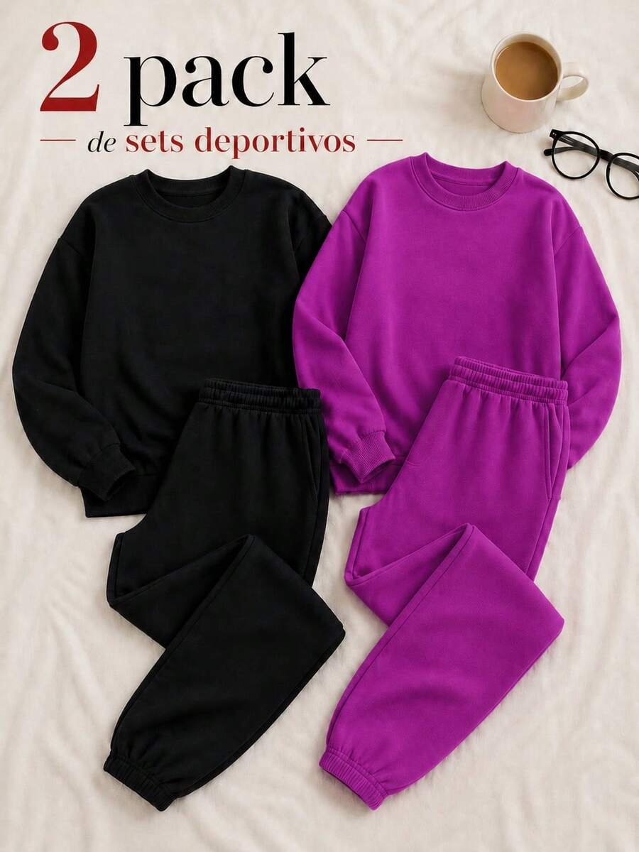 Conjunto 4 pz para mujer estilo casual urbano estampado de letras tela suave holgado capucha manga larga otoño invierno uso diario set dos piezas sudadera - Purpura y Negro - Ver 1