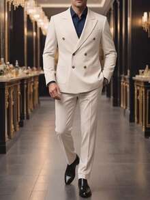 Manfinity Mode Bộ vest công sở nam tay dài cài cúc và quần tây có túi. - Màu Khaki - Xem 1