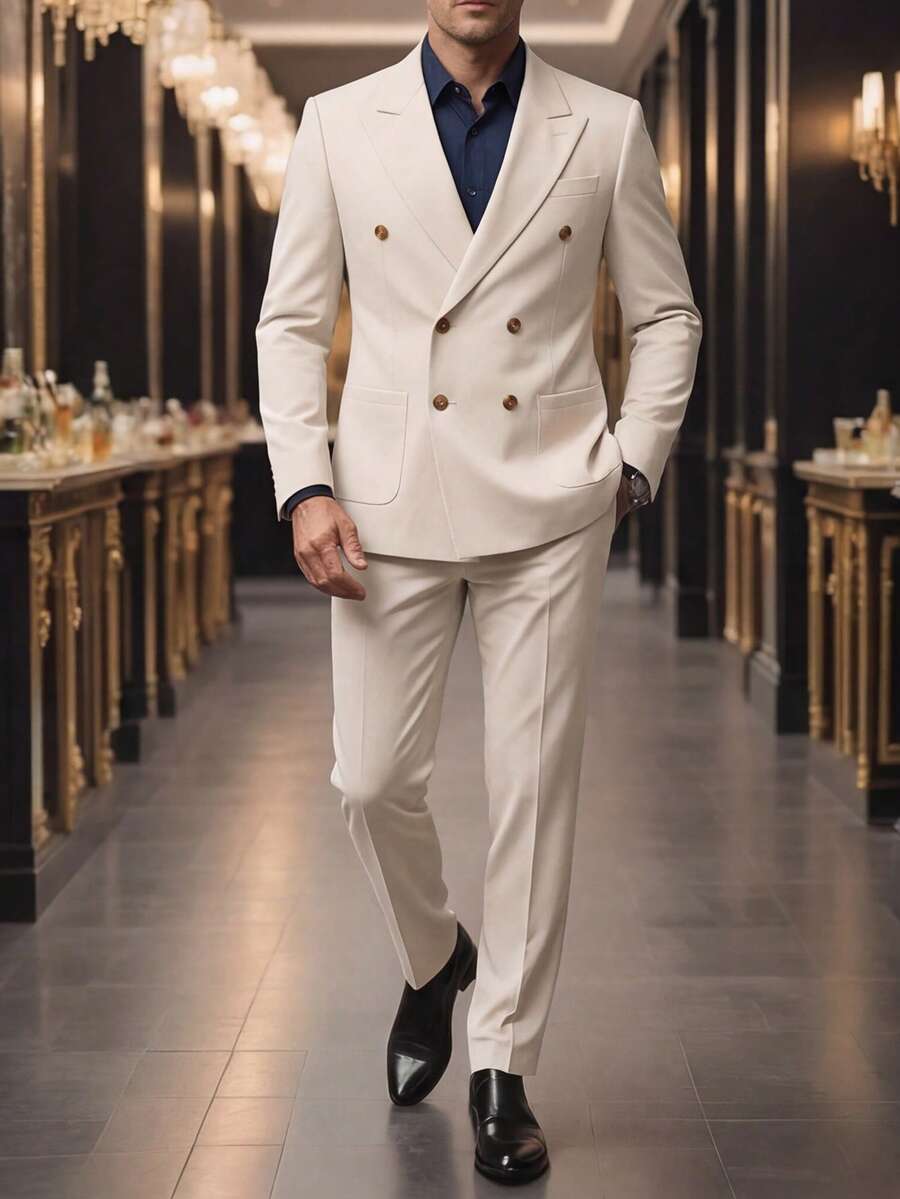 Manfinity Mode Bộ vest công sở nam tay dài cài cúc và quần tây có túi. - Màu Khaki - Xem 1