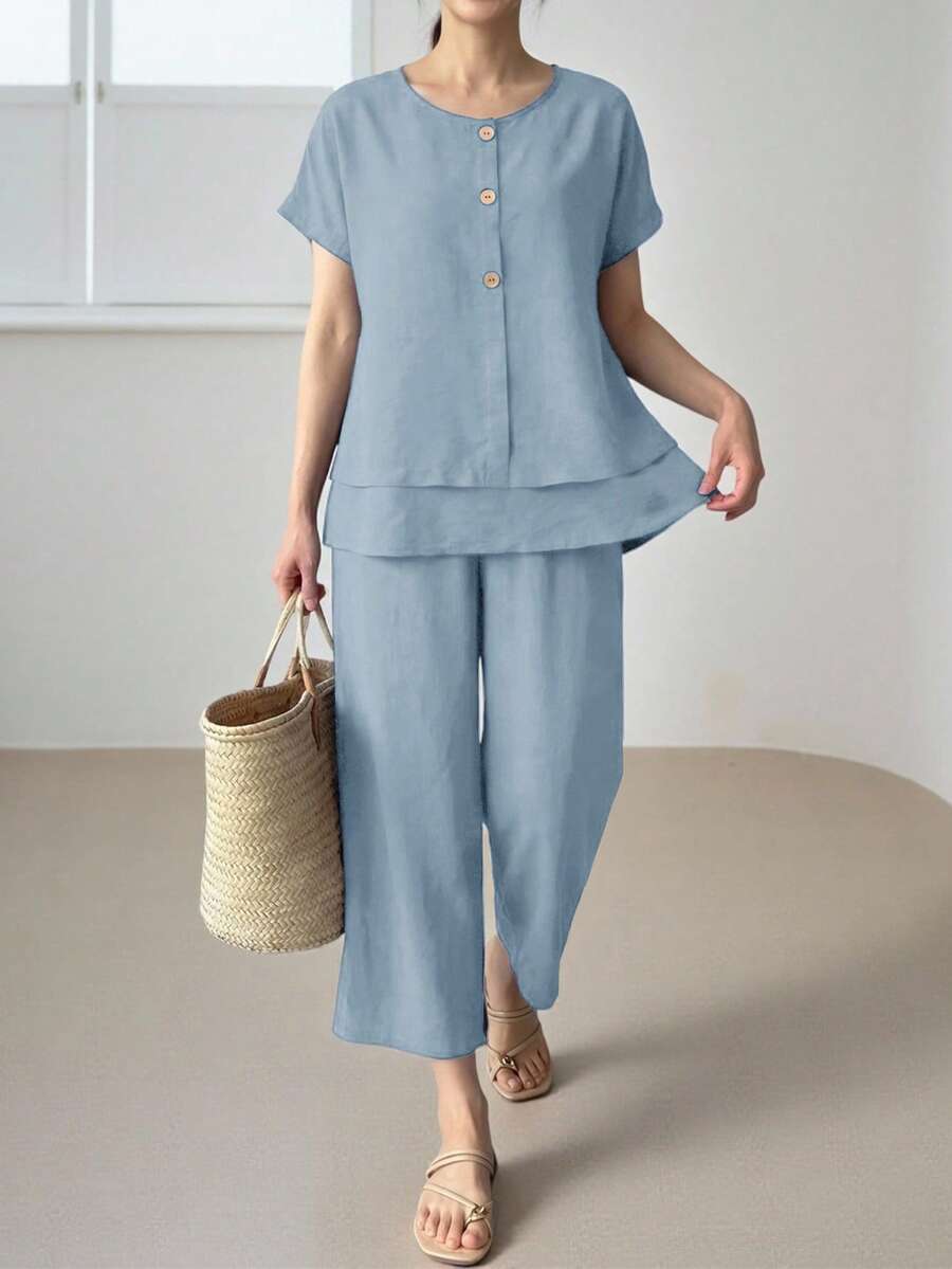 SHEIN LUNE Women's Textured Comfortable Button-Up Shirt With Layered Hem And Casual Cropped Pants 2 Pieces Set Dusty Blue Summer Vacation - Blue - View 1