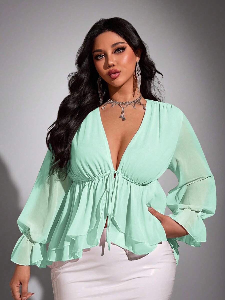 Viva Relle Blusa sexy con lazo de gasa de talla grande - verde menta - Ver 1