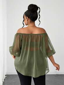 Maweii Damen Große Größen Lockere Bluse mit Off-Shoulder Design und Petal-Ärmeln Einfarbig - Olivgrün - Übersicht 3