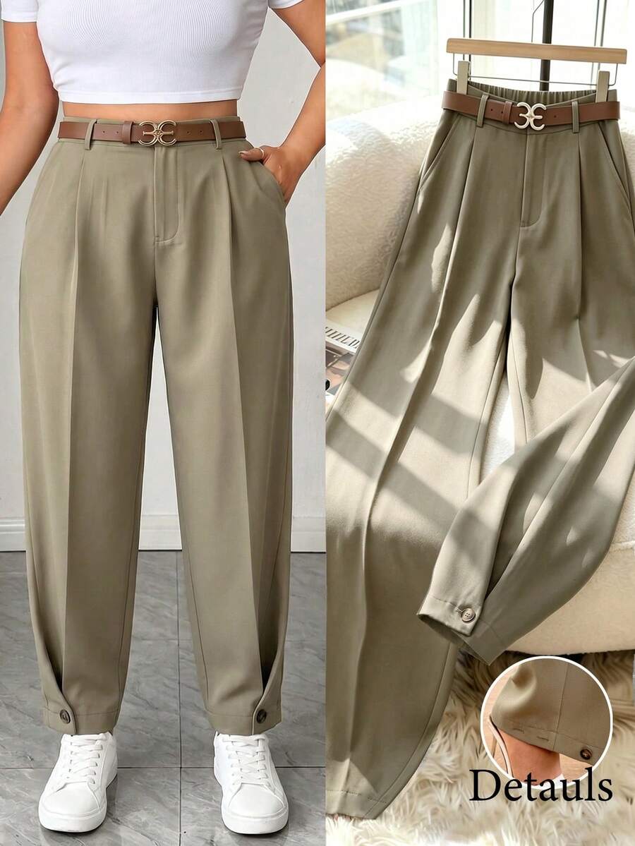 Calvaya Plus Size Women Autumn Elegant Commuter Pleated Tapered Leg Pants Gym Brown - Khaki - View 1