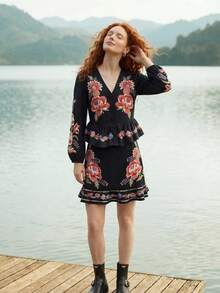 CAJUNI Áo kiểu dễ thương phong cách Boho, họa tiết hoa, thích hợp cho kỳ nghỉ nhiệt đới. - màu đen - Xem 4