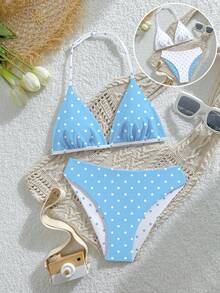 SHEIN Set Baju Renang Anak Perempuan Remaja, Kasual, Liburan, Lucu, Motif Acak, Kain Rajut, Atasan Halter yang Dapat Diatur dan Bawahan Segitiga 2pcs, Bolak-balik, Cocok untuk Liburan Musim Panas di Pantai, Kolam Renang, Pesta, dan Liburan. - MultiWarna - View 3