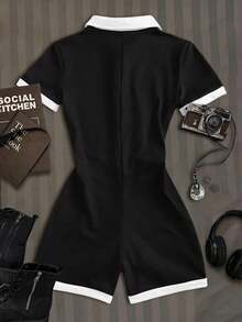 SHEIN Tween Girls RetroCollegeStyle Brown White Contrast Color Polo Collar Romper,Blackandwhite,Casual,Summer,Back-To-School,DailyWear,Random 1pc Sent - Black and White - View 2