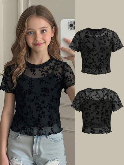 Girlism Tween Girls Lace Mesh Round Neck Short Sleeve T-Shirt, Casual Street Chic Round Neck Flocked Short Sleeve Top With Camisole, Suitable For Daily Commute, Elegant , Party, Date, Family Gathering, Graduation, Vacation