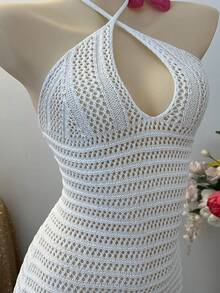 INAWLY Solid Color Halter Neck Hollow Out Backless Casual Tropical Sleeveless Sweater Dress Beach Vacation White Summer - White - View 5