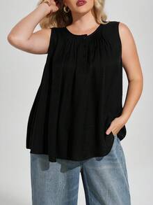 Maija Plus Size Solid Color Round Neck Sleeveless Pleated Loose Casual Camisole Top For Summer Vacation Plain Black Going Out Outfits Summer Outfits For Vintage Women Old Money Teacher For Women Romantic, Fashion, Versatile Summer Women Party Top Beach Holiday Vacation Going Out Graduation Elegant Casual Formal Attire Work Office For Women - Black - View 6