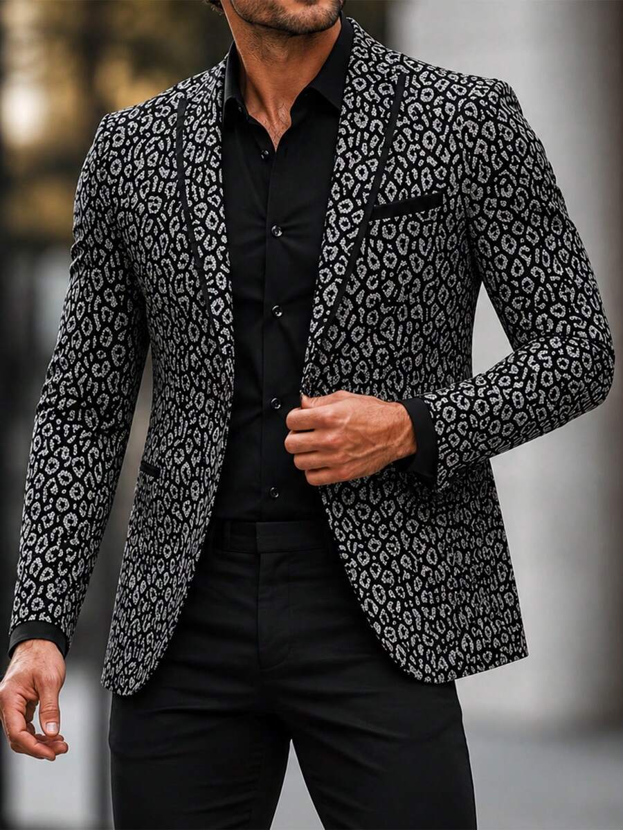 Manfinity Mode Men's Business Casual Jacquard Print Woven Blazer - Black - View 1